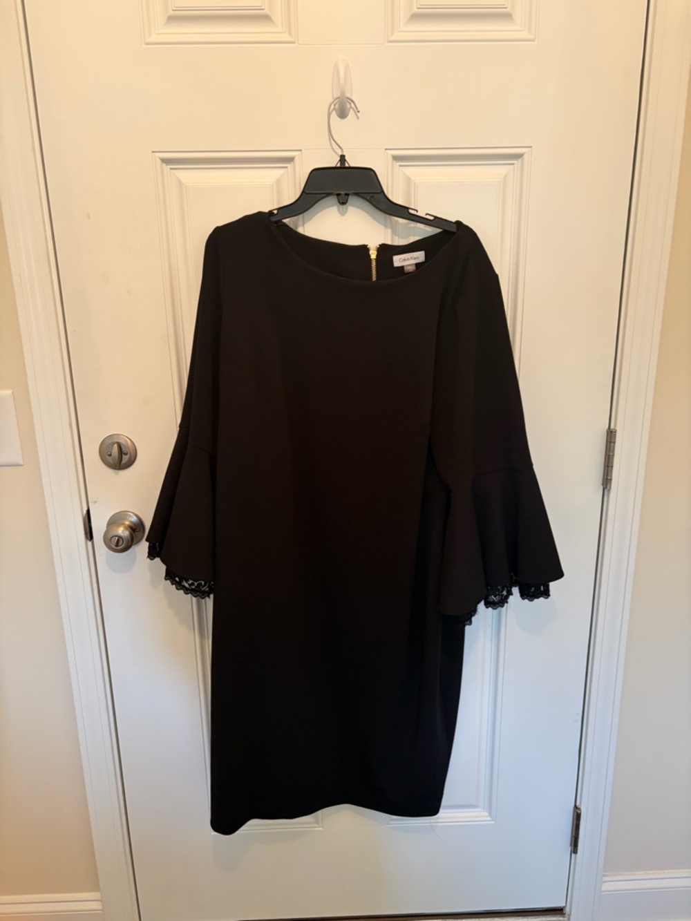 Calvin Klein Black Bell Sleeve Shift Dress with Lace Trim